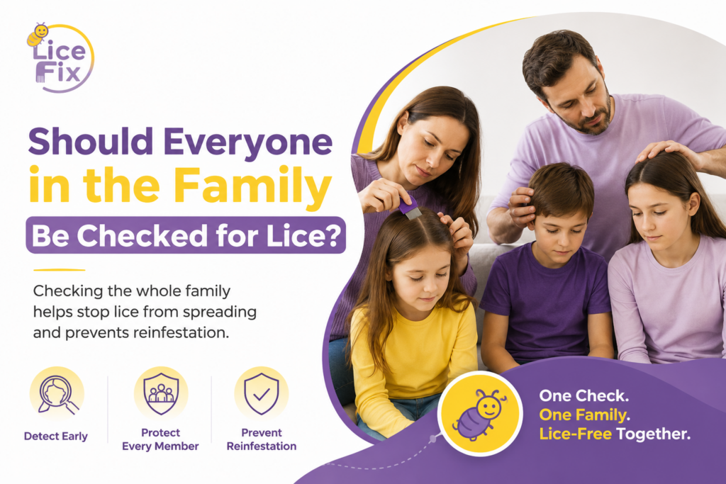 Parent checking a child's hair for head lice while inspecting the entire family for signs of infestation.